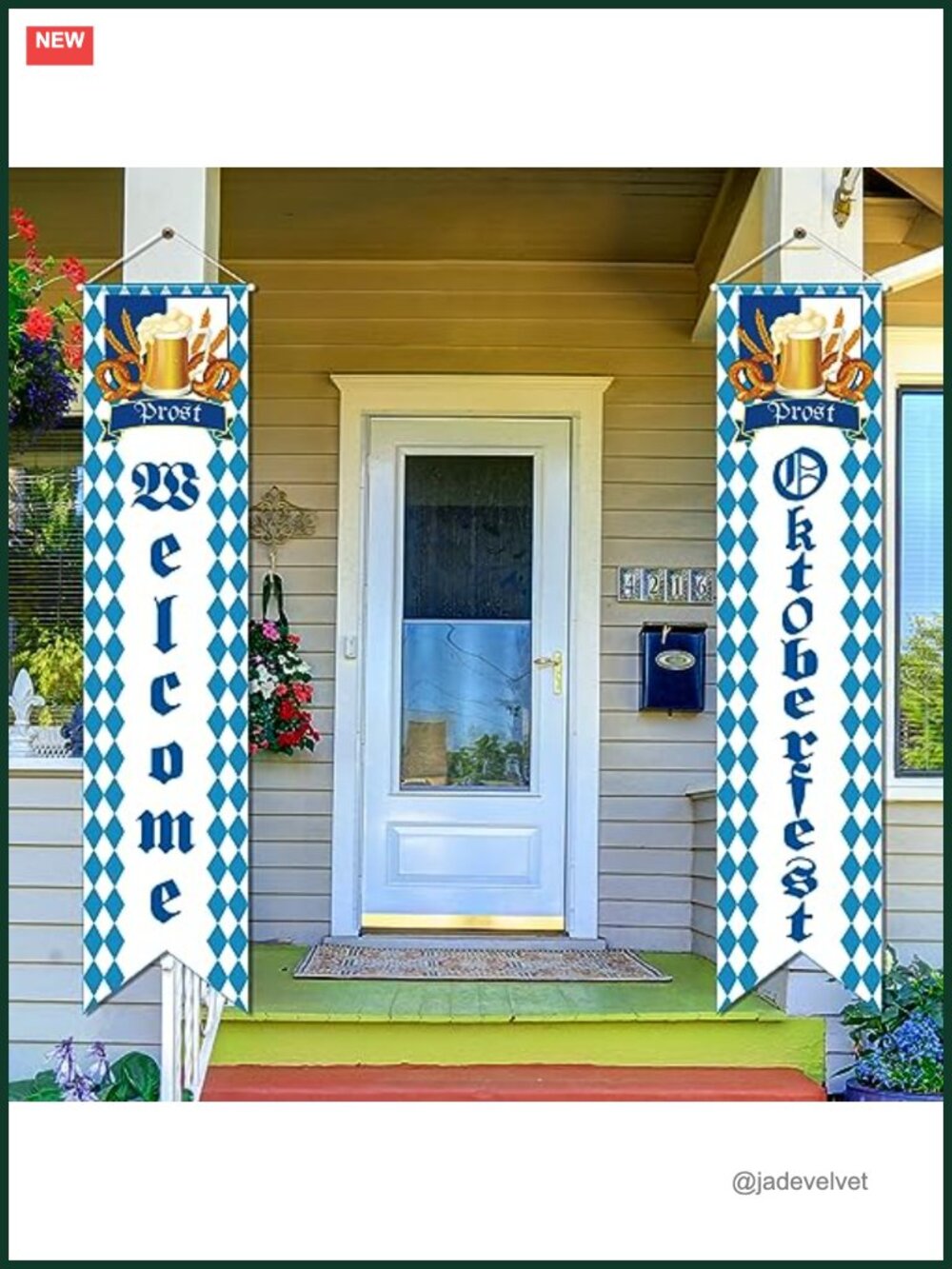 Oktoberfest Welcome Banner Decoration, Bavarian Check Porch Sign 2pk, 12x52.5in
